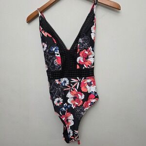 Cupshe Floral Lace Plunge One Piece Swimsuit Medium Black Red White‎